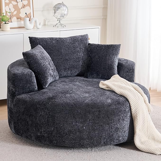 54.5 Black Oversized Swivel Barrel Chair - Chenille Comfy Modern Sofa Chair Fluffy Upholstered Round Accent Chair Cloud Lounge Armchair with 3 Pillows for Living Room Apartment