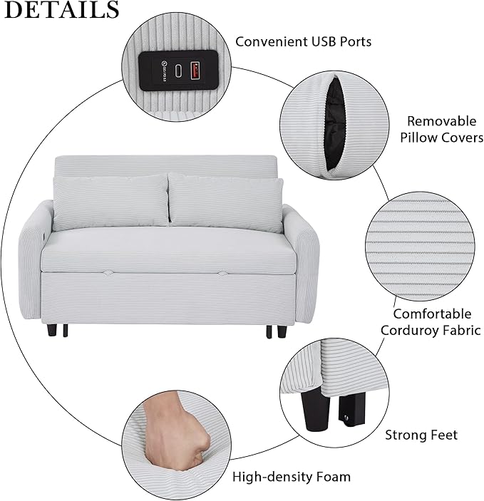 Modern 57.48 Pull-Out Sofa Bed 2 Seater Loveseats Sofa Futon Couch with Adjustable Backrest Convertible Couch Sleeper Sofa with Two Throw Pillows for Living Room (Light BlueCorduroy Fabric)