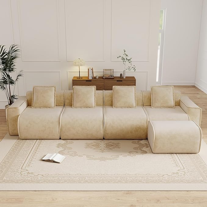 KEIKI 4Seat Modular Boneless Velvet Sofa Couch for Casual Home Bedroom Studio Style Conscious Homeowners Luxurious Elegant Sophisticated Refined Design Stylish Design Light Camel