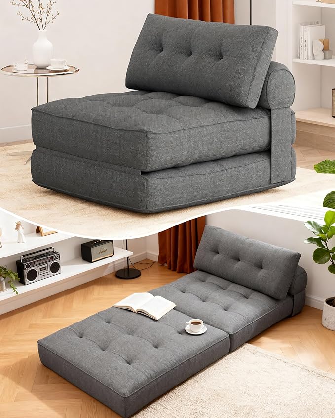 KINGYES Folding Chair Bed 3 in 1 Convertible Sleeper Chair with Pillow Foldable Futon Chair for Living Room Gray