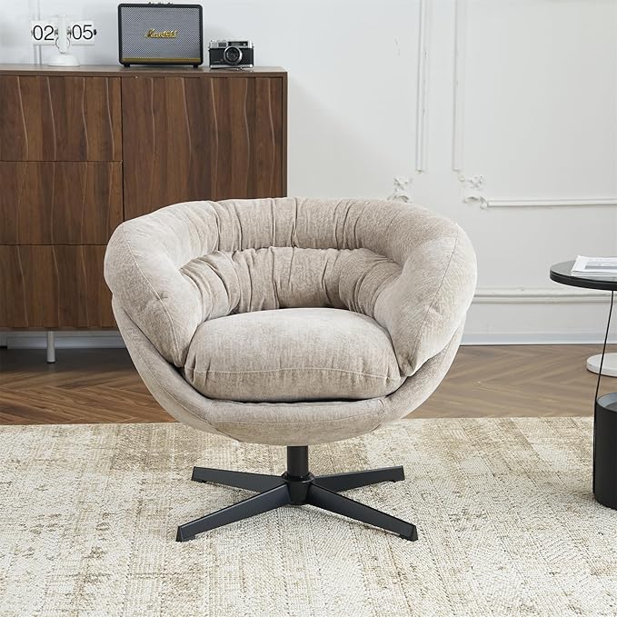 Christopher Knight Home 360° Swivel Club ChairChenille Upholstered Accent Chair with Removable Cushion Round Office Chair with Black Metal BaseBrown