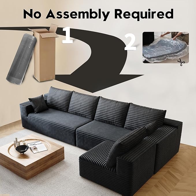139.4 L Shaped Cloud Sectional Sofa for Living Room Plush Corduroy Cover Fluffy Memory Foam Cushions No Assembly Required Modular Chaise Lounge Oversized Comfortable Couches Set Black