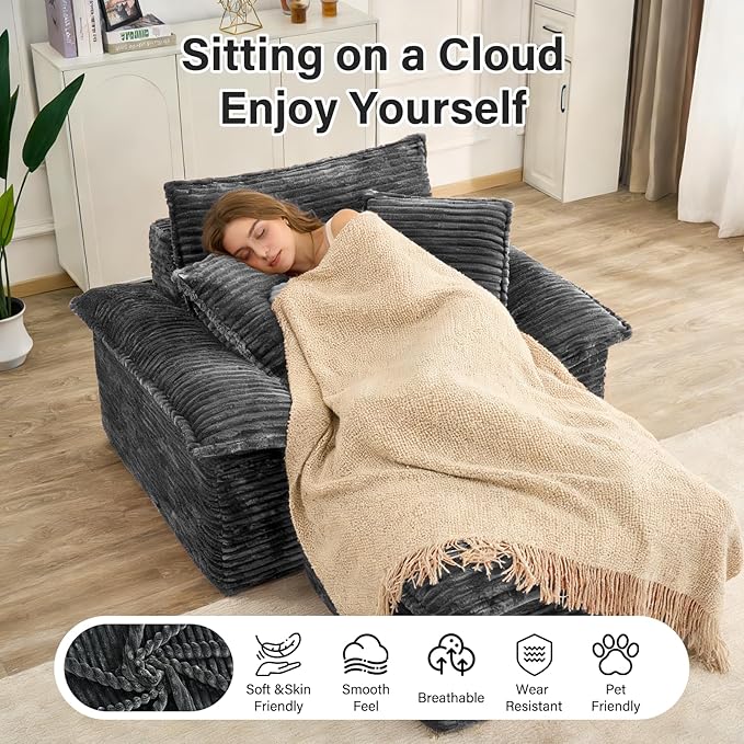 Convertible Sofa BedSleeper Sofa with Deep SeatComfy Corduroy Fluffy Boneless Couch with Movable OttomanCloud Couch for Small PlaceNo Assembly Required.（SingleDark Gray）