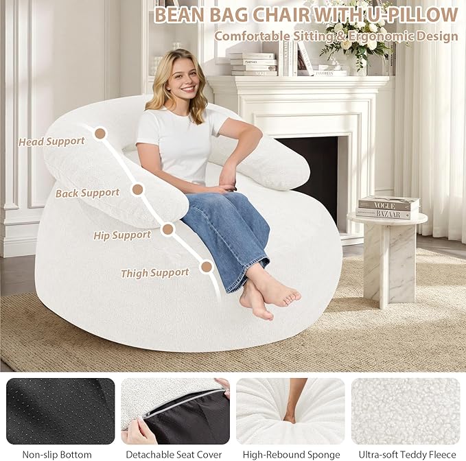 HABUTWAY Giant Bean Bag Chair Oversized Beanbag Chair with Filler Ultra Soft Teddy Fleece Bean Bag Lounge Floor Sofa w/U-Shaped Pillow for Gaming Reading Beige &amp Beige