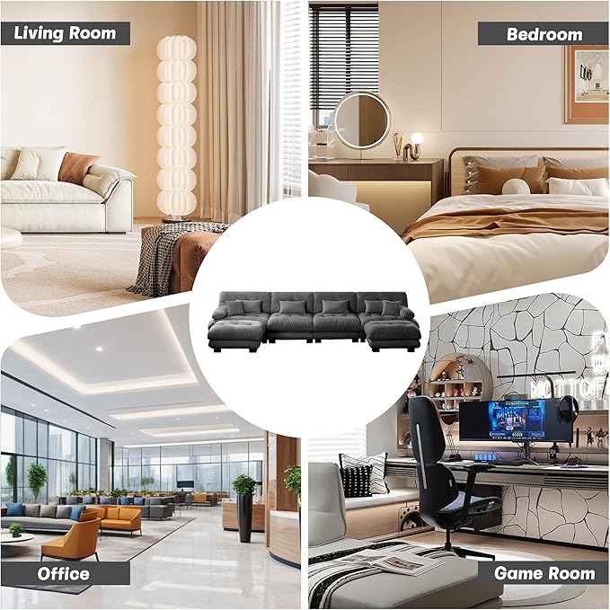 173.2'' Sectional Couches for Living Room Memory Foam Chenille Cloud Couch Round Arm Deep Seat U Shaped Couch Sofa with Pillow and Ottoman