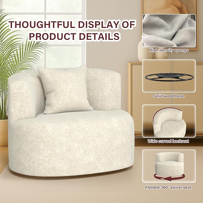 Swivel Accent Chair 360°Soft Accent Chairs Chenille Upholstered Living Room Chairs with Pillow and Curved Backrest No Assembly Arm Chair for Living Room/Bedroom/Office (White)