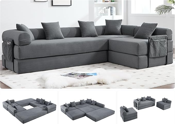10-in-1 Folding Convertible Sofa Bed 141 Inch Boneless Couch with Fixed-Shape Frame Corduroy Modular Sectional Sofa Mattress Sleeper Sofa Floor Sofa Futon Couch for Living Room (Grey)