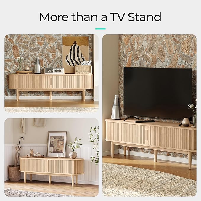 LINSY HOME 58 Fluted TV Stand for TVs up to 65 Inch Mid Century Modern Entertainment Center with Storage Cabinet and Sliding Doors Farmhouse Wood Media TV Console for Living Room Bedroom Oak