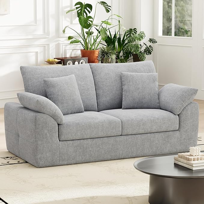 76 Boneless Loveseat Sofa Cloud Foam Couch 3 Seater Upholstered Midcentury Mondern Love Seat Wide Armrest and 4 Pillows for Home Living Room/Small Spaces No Assembly Required Grey