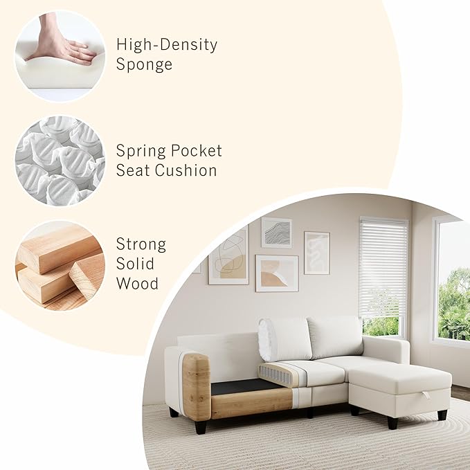 Sectional Sofa and Couches for Living Room - 78'' Beige 3 Seat L-Shaped Couch with Storage Ottoman Modern Linen Convertible Sectionals Sofas for Apartment Office Small Space