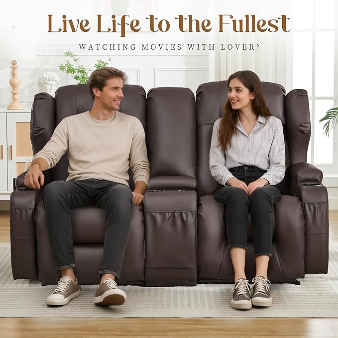 BINGTOO Manual Double Reclining Loveseat Sofa 2-Seater RV Wall Hugger Leather Couch for Living Room &amp Home Theater with Storage Console/Cup Holders/Side Pockets PU Brown