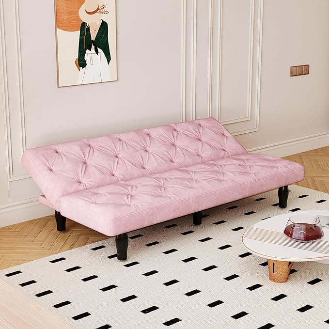 72 Pink Velvet Futon Couch Living Room Couch Bed Convertible Sleeper Sofa Bed with Cup Holder for Bedroom Guest Bed 2 Seater Reclining Sofas Couches with Nailhead Trim for Small Space (Pink New)
