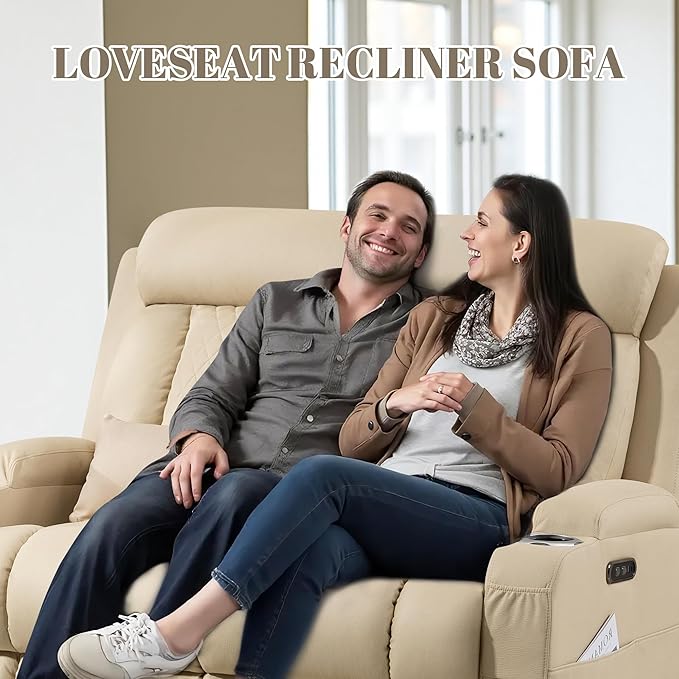 Zero Wall Hugger Power Reclining Loveseat with Adjustable Headrest Power Loveseat Recliner Sofa with USB&ampType-C Ports Wall Hugger Loveseat Recliner for Living Room(Beige 2 Seater)