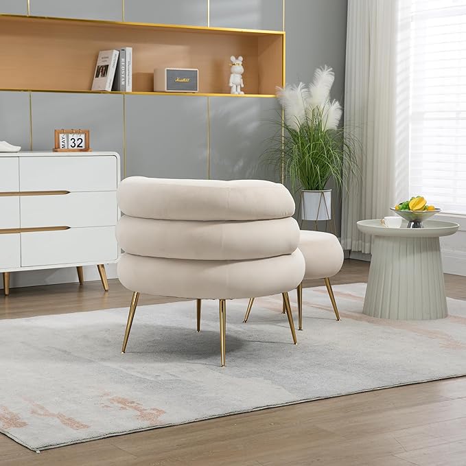 Velvet Oversized Armchair Accent Chair with Ottoman Mid-Century Modern Living Room Chairs Single Sofa Chair with Metal Legs Upholstered Tufted Reading Chairs for Bedroom Office (Beige)