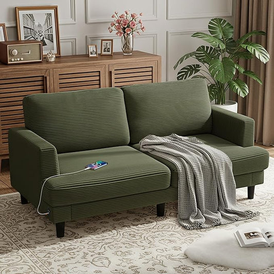 70 Loveseat Sofa for Living Room Comfy Corduroy Couch with USB &amp Type-C Ports Modern 2-Seater Deep Seat Small Couch for Bedroom Apartment Office – Soft Cushions &amp Sturdy Frame (Green)