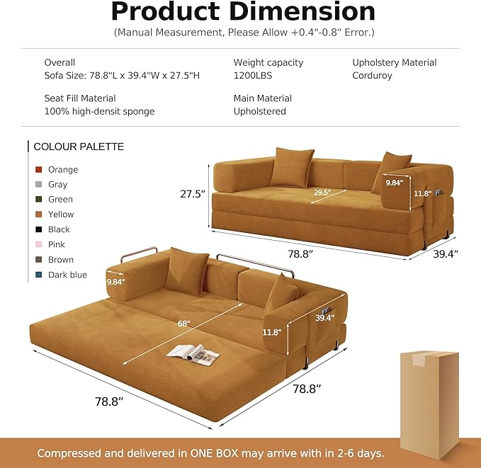 MoonSpeak 78.8''Sleeper Couch Bed for LivingroomConvertible Modular Sofa with Armrest PillowModular Foldable Corduroy Couches in a BoxNo Assembly (Yellow)