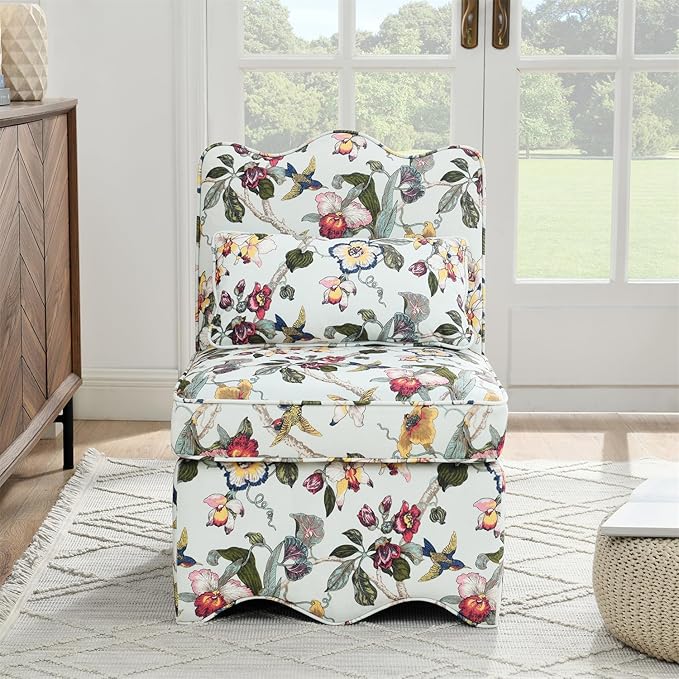 Polibi Retro Single Chair with Flower Pattern and Wave-Shape Edge Flannel Upholstered Armless Sofa Chair with Seat Cushion and Pillow for Living Room Bedroom Red+Yellow Flower
