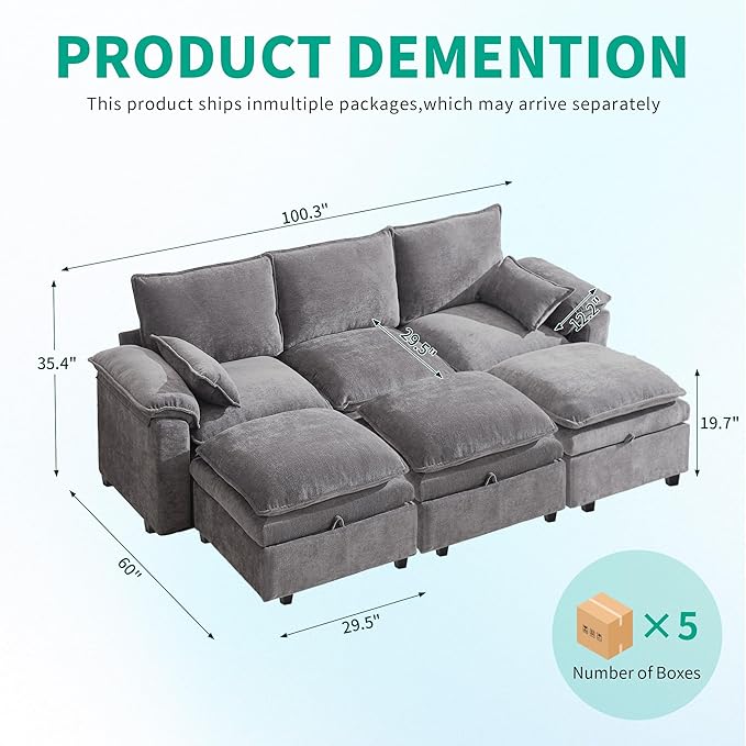 Large L-Shaped Sectional Couch Set - 6 Seater Oversized Cloud Sofa for Living Room Big Comfy Chenille Fabric Couches Extra Long Modular Sofa Bed Furniture