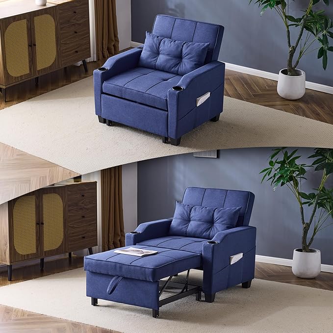VINGLI Navy Blue Sleeper Chair Bed 3-in-1 Convertible Futon Sofa Bed Pull Out Couch Bed Adjustable Recliner Chair with USB Ports Cup Holders Side Pockets for Living Room Bedroom Small Spaces