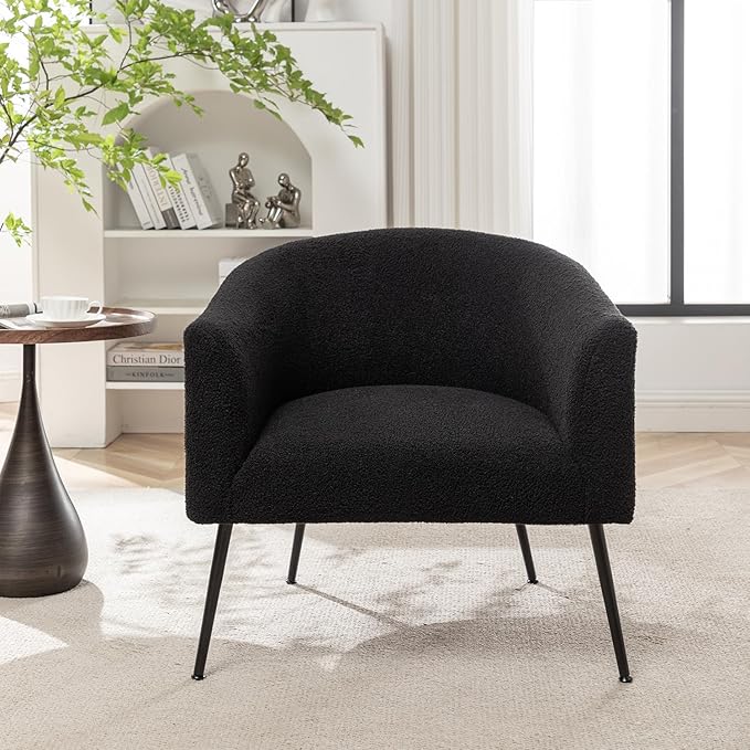 Modern Sherpa Boucle Accent Chair Upholstered Comfortable Armchair with Thicken Cushion Black Metal LegsComfy Reading Chairs for Living Room Bedroom Office(Black)