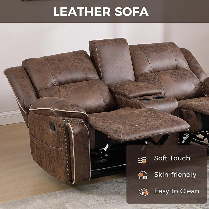 CANMOV Manual Recliner Chair Set Faux Leather Recliner Living Room Furniture Sets 2 Seater Reclining Sofa Chair with Hidden Storage and Cup Holders and Storage Pockets Brown