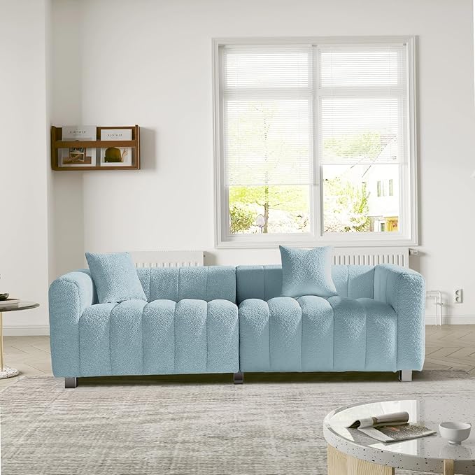 87.4'' Modern 3-Seater Sofa Bubble Couch for Living Room Premium Teddy Velvet Deep Seat Sofa Couch Fluffy Loveseat Sofa with 6 Metal Base Legs for BedroomHome/Office (Blue)