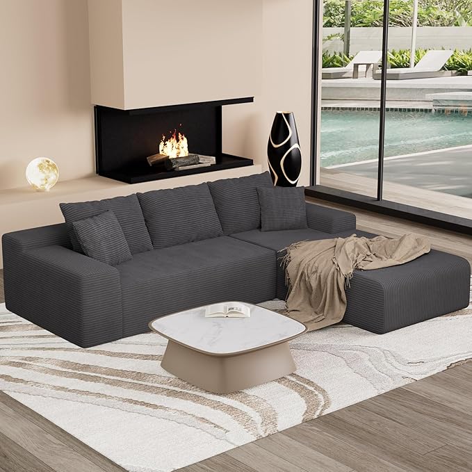 NAYA 106” Modular Sectional Sofa Cloud Sectional Couch with Deep Seat Modern Modular L-Shape Sofa Boneless Couch with Chaise for Living Room Bedroom (Grey Right Facing Chaise)