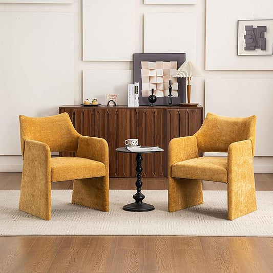 Mid-Century Chenille Accent Chair Set of 2 Geometric Open-Back Upholstered Armchair with Non-Slip Frame Cozy Reading Chair for Home &amp Office (Yellow)
