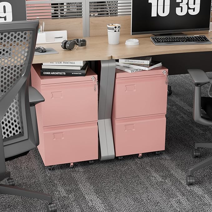SUXXAN 2 Drawer Mobile File Cabinet with Lock Under Desk Metal Filing Cabinet for Office HomeVertical Cabinet Legal/Letter Size Need to Assembled (Pink)