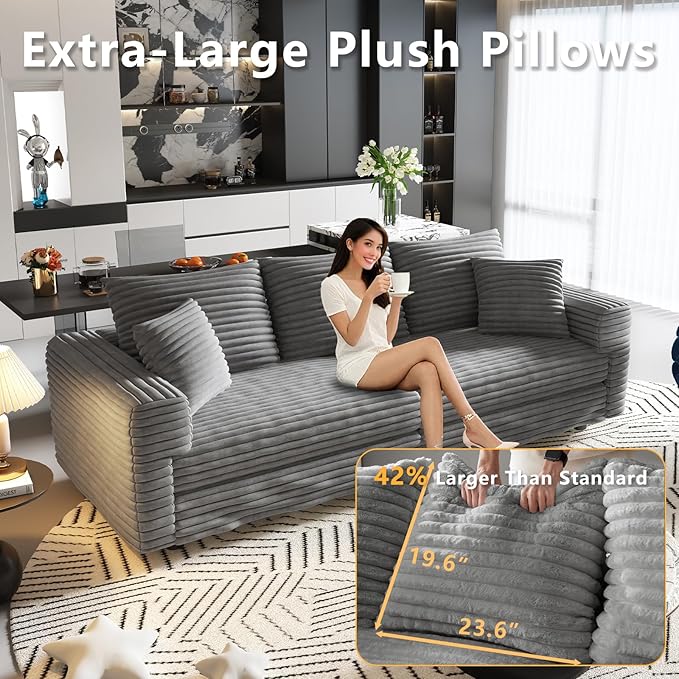 82.7'' Oversized Corduroy Couch Modular Sectional Sofa with Ottoman Upholstered 3 Deep Seat L Shape Sofa Convertible Cloud Couches with Chaise Lounge for Living Room Apartment Gray