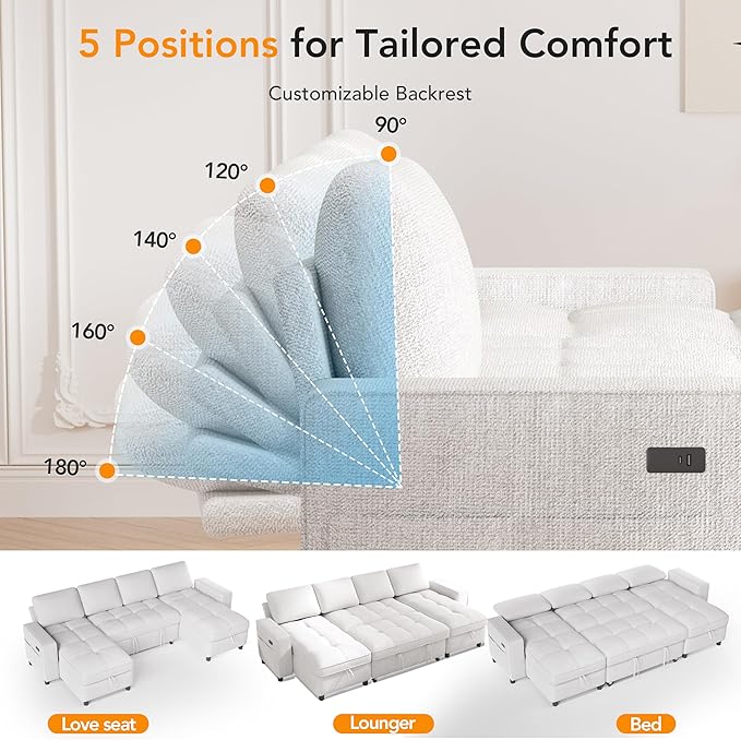 Sunny Heart Sleeper Sofa Bed 105 U Shaped Couch Sleeper Sofa Pull Out Couch Bed with Reclining Backrest | Double Storage Chaise | USB Ports | Side Pockets | Tool-Free Assembly | Chenille Beige