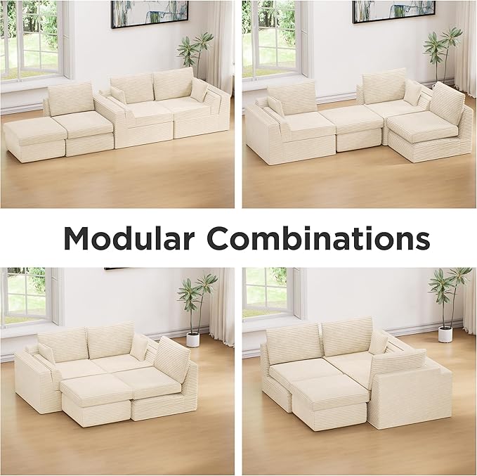 Vabches 106.6 Modular Sectional Sofa with Chaise Comfy Cloud Sectional Couch Modern L-Shape Corduroy Sofa with Deep Seat Upholstered Couches for Living Room BedroomNo Assembly Required (Beige)