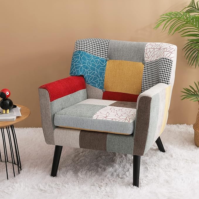 Patchwork Accent Chair Mid Century Modern Fabric Club Chair for Bedroom Comfy Colourful Single Sofa Chair for Livingroom Bedroom Office Study and Reading Room