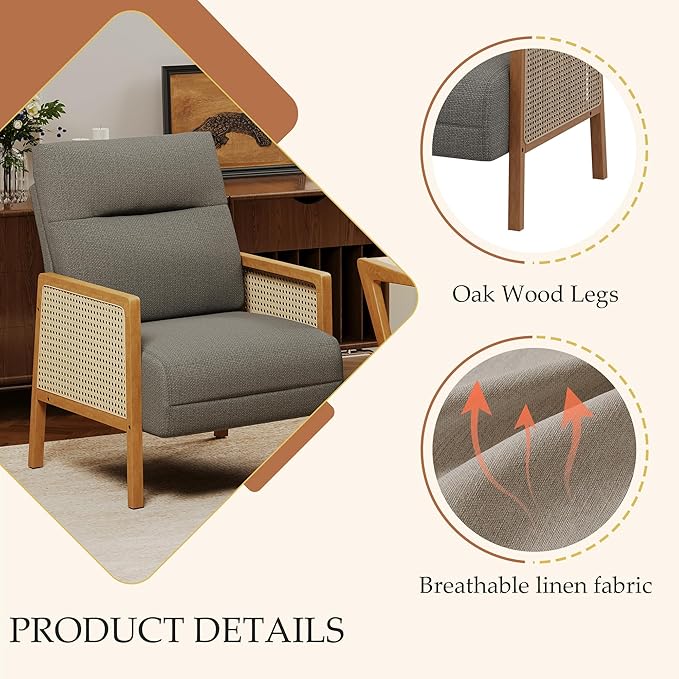 Andeworld Taupe Accent ChairsUpholstered Modern Living Room Chairs with Natural Rattan Arm Side Chair for Bedroom Club Balcony Reception Room