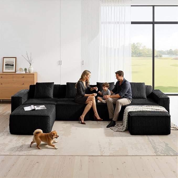 149.6'' Boneless Couch Cloud Couch Sectional U-Shape Modular Sectional Sofa Convertible Corduroy Sleeper Sofa Bed Upholstered Couches for Living Room No Assembly Required