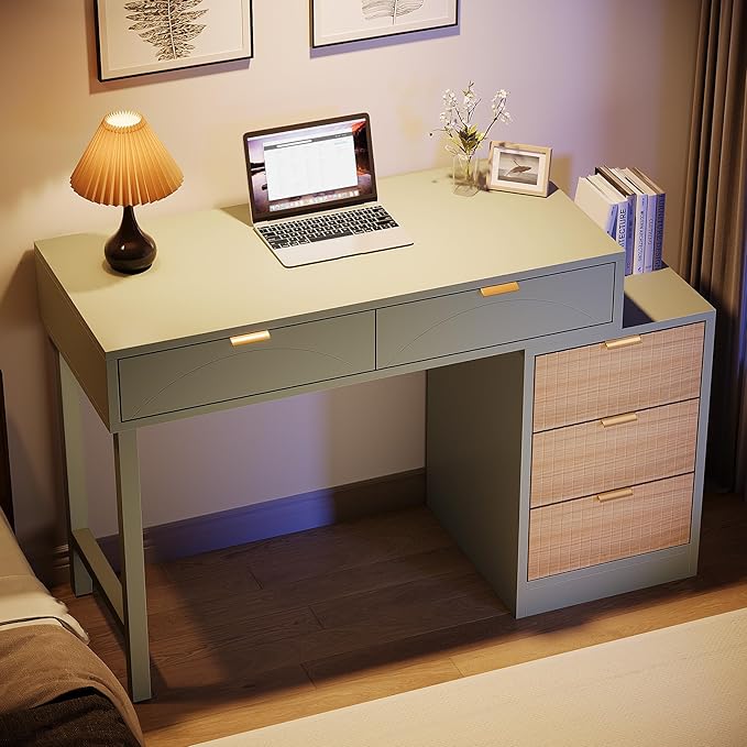 Tribesigns Computer Desk with 5 Drawers Reversible Small Writing Desk with Storage Modern Wooden Study Table Office Workstation for Home Office Small Spaces Mint Green