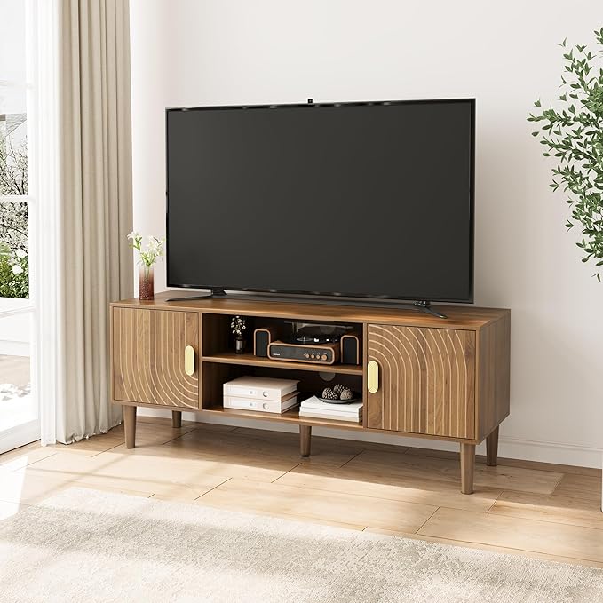 Smuxee Walnut TV Stand with Line Groove Design 47.2 Mid Century Modern TV Media Console for TVs up to 55 TV Cabinet with Adjustable Shelf &amp 2 Cabinets for Living Room