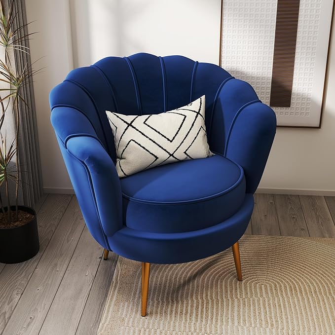DAGONHIL Mid Century Modern Upholstered Accent ChairRetro Leisure Velvet Single Sofa with Golden Metal Legs for Living Room/Bedroom(Navy Blue)