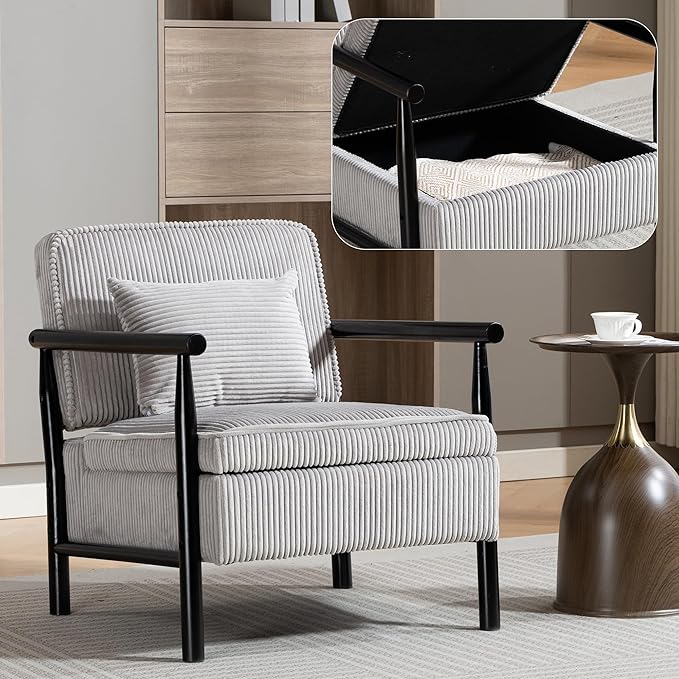 Yoglad Accent Chair with Storage Corduroy Fabric Reading Chair with Wood Frame Mid Century Modern Storage Armchair for Living Room Bedroom Apartment(Antique Grey)
