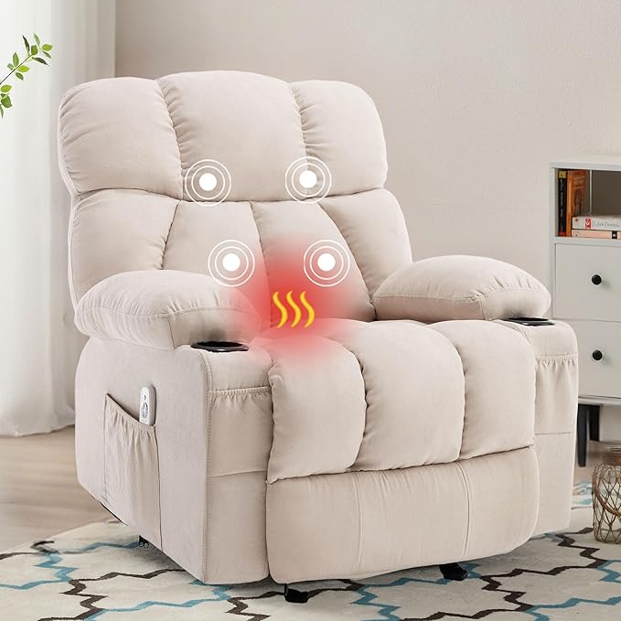 Massage Rocker Recliner Chair with Heat and Vibration Ergonomic Rocking Lounge Chair for Living Room Comfy Overstuffed Recliner with 4 Side Pockets2 Cup Holders USB Charge PortBeige