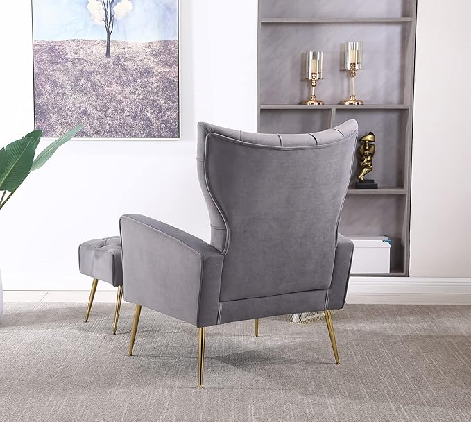 Velvet Accent Chair with Ottoman Comfy Tufted Armchair with Gold Metal Legs Modern Upholstered Wingback Chair with Footrest Set for Living Room Bedroom Lounge Office Grey