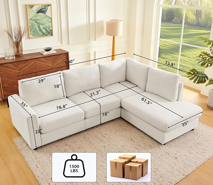 100” L-Shaped Couch with Reversible Chaise Chenille Modular Sectional Sofa 4-Seater Corner Couch for Living Room Apartment Beige