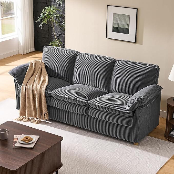ONBRILL 86.6 Corduroy Couches for Living Room Comfy 3 Seater Sofa with Pillow-Top Armrest &amp Dual-Layer Cushions Mid Century Modern Couch for Bedroom Apartment Grey