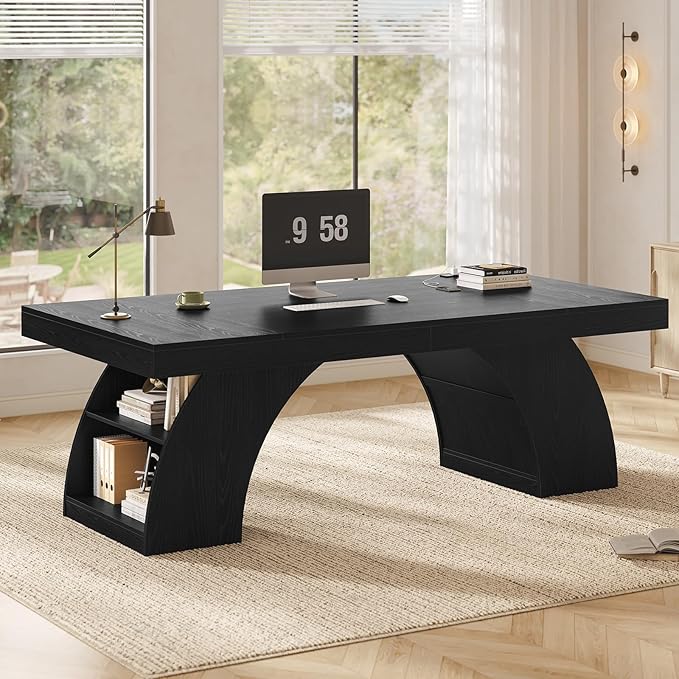 70.9 Inch Executive Desk Large Office Desk with Power Outlet &amp Storage Shelves Modern Aesthetic Computer Desks Wood Writing Table Workstation Business Furniture for Home Office (Black)
