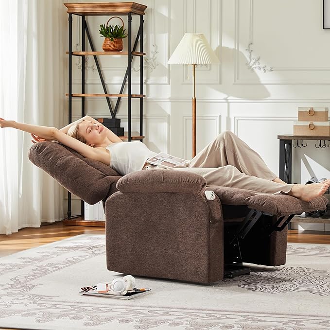 Power Lift Recliner Chair for Adult with Heated and Full Body Massage Glider Nursery Chair with Cup Holder and USB Charge Port Oversided Swivel Rocker Recliner for Living/Study/Bedroom Room Brown