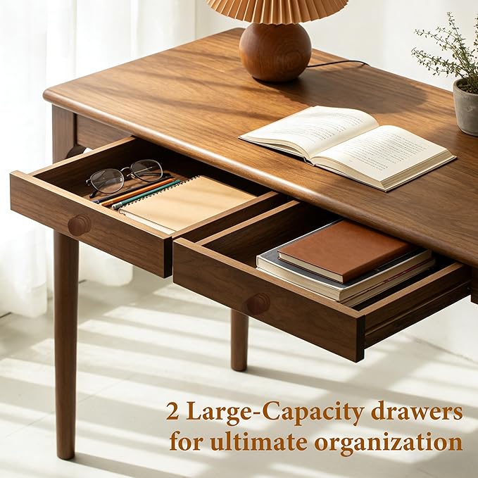 Natural Solid Wood Desk with Drawers Mid Century Modern Real Wood Writing Desk Home Computer Office Desks for Work Standing Desk for Bedroom Small Spaces (Walnut Color 47.24×22.05(120×56cm))