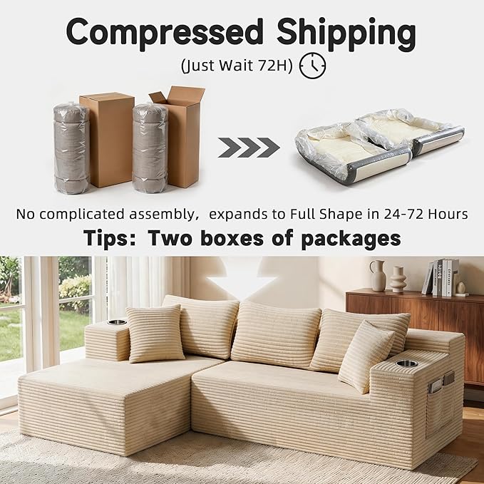 Bashaw 108 Modular Sectional Sofa Couches with Chaise L-Shape Boneless Couch Deep Seat Upholstered Boneless Sectional Couch for Living Room (Beige 108 Left Facing Chaise) | Sectional Boneless L-