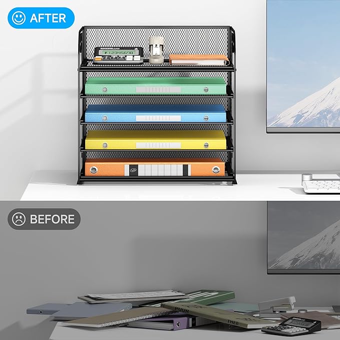 2 Pack 5-Tier Paper Organizer Letter Tray with Handle - Black Mesh Desk Paper Sorter File Organizer for Office Home or School File Folder Holder