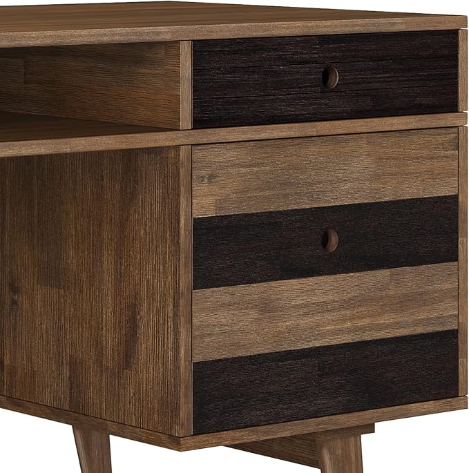 SIMPLIHOME Clarkson Desk - 60 Inch Wide Solid Acacia Wood Writing Desk in Rustic Natural Aged Brown Contemporary Home Office Computer Table for Study with 2 Side Drawers and Open Storage Compartments