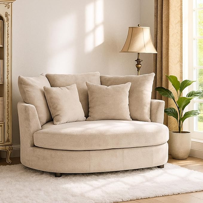 54.9''W Oversized Accent Barrel Chair Upholstered Chenille Comfy Couch Sofa with 5 Pillows for Bedroom Living Room Apartment Studio Wheat.